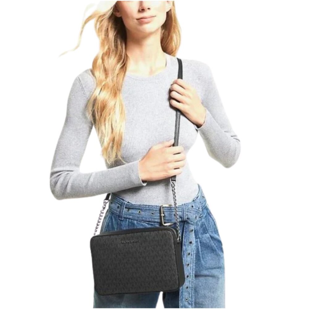 Michael Kors Jet Set Large Logo Crossbody Bag Black Grey - Picture 3 of 3